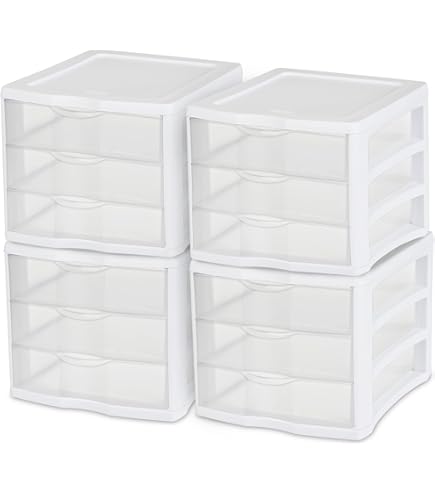 Sterilite 28308002 3 Drawer Cart, White Frame With Clear Drawers And Black Casters, 2-Pack