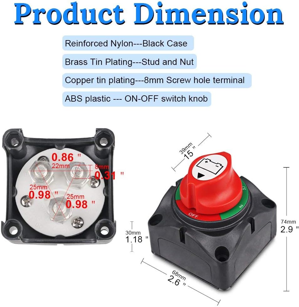 WATERWICH Battery Disconnect Switch Kit 1-2-both-off Isolator Marine Battery Switches 200/1250 Amp Waterproof for Ship Boat Yacht RV Camper Truck Car Vehicle(1-2-Both-Off with 3 Copper Ring Terminal): Automotive