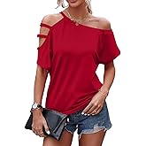 LilyCoco Women's Off The Shoulder Top Short Sleeve Cutout Asymmetrical Neck T Shirt