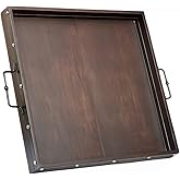20"x20" Extra Large Square Ottoman Tray, Heavy Duty Mango Wood, for Serving Tea, Breakfast in Bed, Living Room Large Coffee Table Tray Rustic with Farmhouse Style, Decorative Handles and Accent Strap