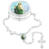 Catholic Town Rosary Necklace with St Jude Thaddeus center piece, Cross Crucifix and metallic box. (ROSMIRSJ-WHT)