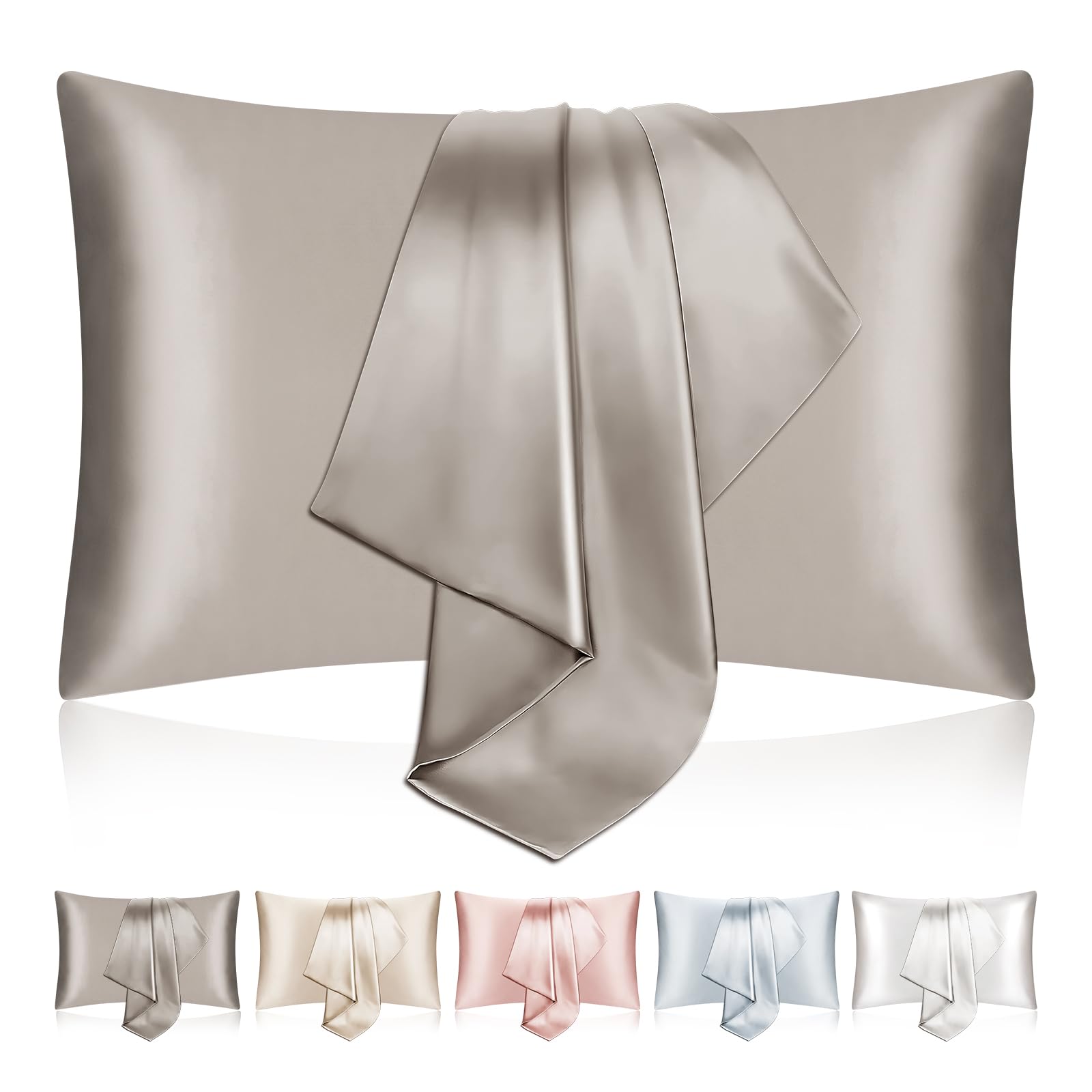 SILKTALE Real Natural Zip Mulberry Silk Pillowcase Set of 2,Gray/Grey,Queen Size 50 x 75 cm