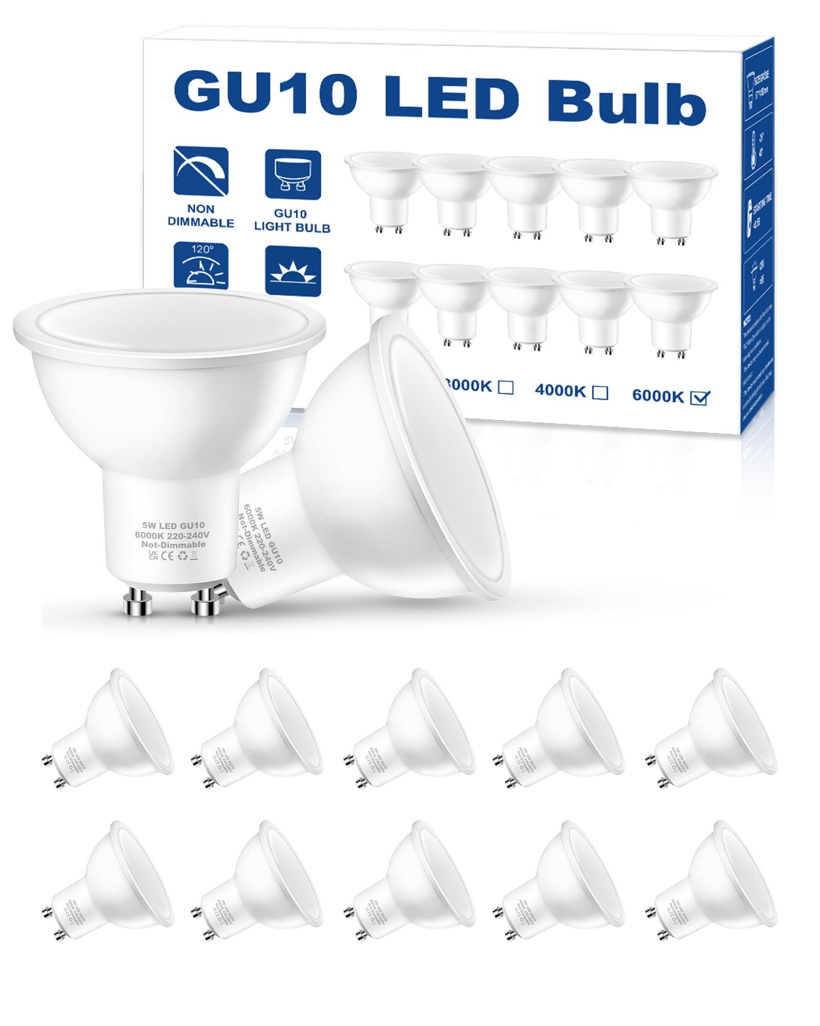 EvaStary LED GU10 Bulbs Cool White, 5W 500LM, 50W Halogen Spotlight Bulbs Equivalent, Energy Saving GU10 LED Light Bulbs, 120°Wide Beam, Non-Dimmable, 10 Pack — image 1