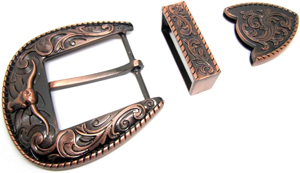 Western Cowboy 3 Piece Buckle Set Engraved Longhorn Fits 1.5 inch 40mm