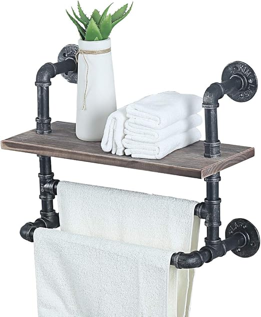 Amazon Com Industrial Pipe Bathroom Shelves Wall Mounted Towel Rack With 2 Towel Bar 19 7in Rustic Wall Decor Farmhouse Metal Floating Shelves Towel Holder Wall Shelf Over Toilet Furniture Decor