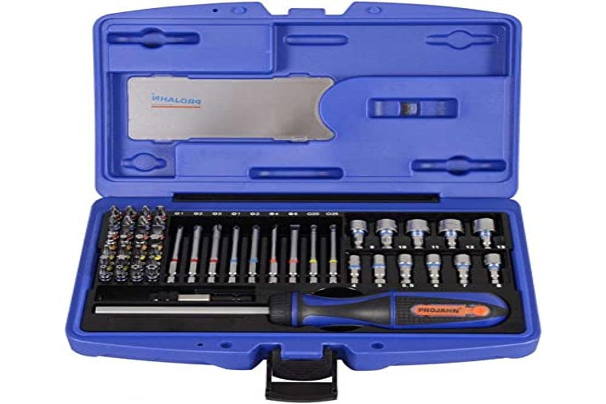 Projahn 4097 1/4-Inch Bit Box with Marked Bits Set of 60 Including Ratchet Screwdriver/with Compartment