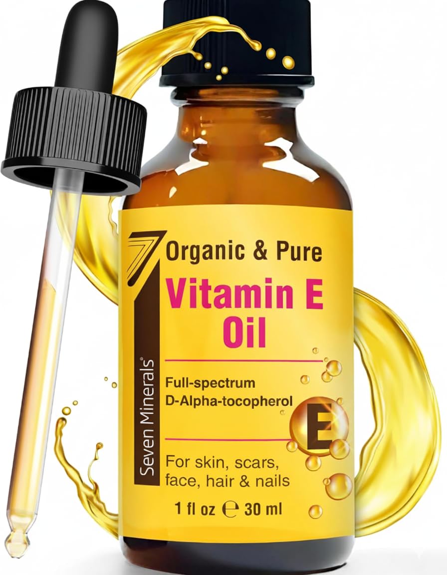 Seven Minerals Ultra Pure Vitamin E Oil - Full-Spectrum D-Alpha Tocopherol, 1 Fl Oz - 100% Organic Vitamin E Oil for Skin, Face, Hair, and Scars - Naturally Occurring = Not Synthetic