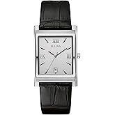 Bulova Men's Stainless Steel 3-Hand Calendar Date Quartz Watch with Black Leather Strap, Rectangle Dial Style: 96B107