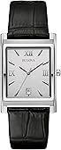 Bulova Relógio masculino de aço inoxidável com 3 ponteiros e data de quartzo com pulseira de couro preto, mostrador retangular: 96B107, Prata, Pulseira de aço inoxidável prateada de quartzo clássico