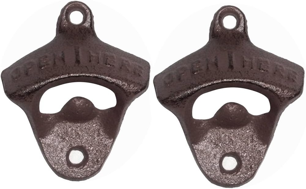 Akaru 2 Pack Open Here Wall Mounted Opener Rustic Cast Iron Vintage Design, Bottle Cap Opener Set, Wine Bottle Opener Set, Wall Mount Beer Bottle Opener