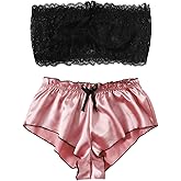 WDIRARA Women's 2 Piece Lace Satin Pajama Set Strapless Tube Shorts Pj Sets Sleepwear