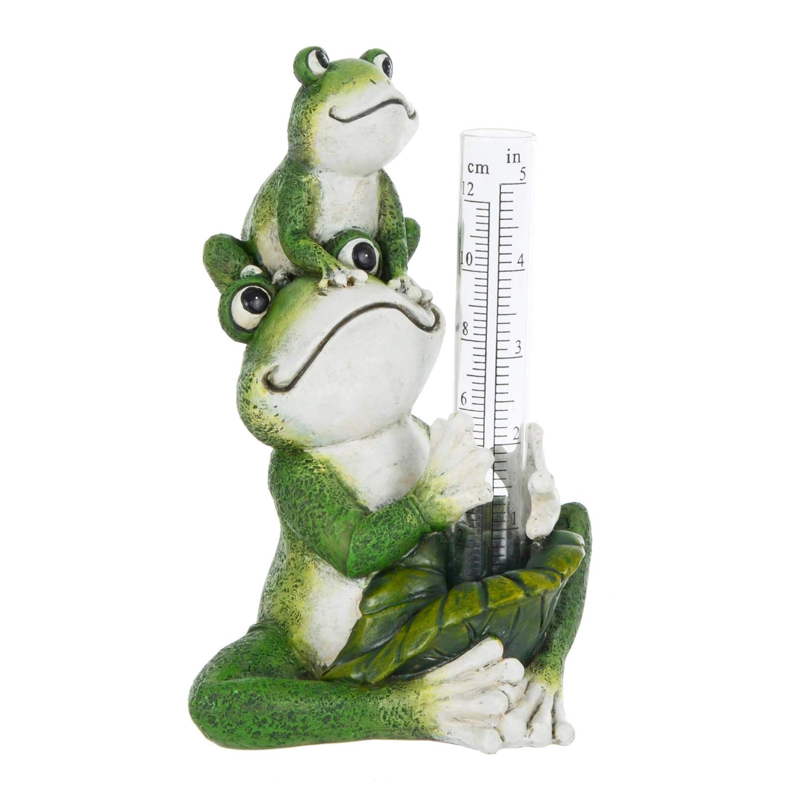 Azuma Novelty Frogs Rain Gauge 5" Measure Rainfall Resin Garden Ornament Figure - Leaf