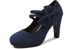 Elerhythm Women's Mary Jane Heels with Bow Retro Closed Round Toe Pumps Suede Chic Bowtie Vintage Sweet Office Dress Daily Sh