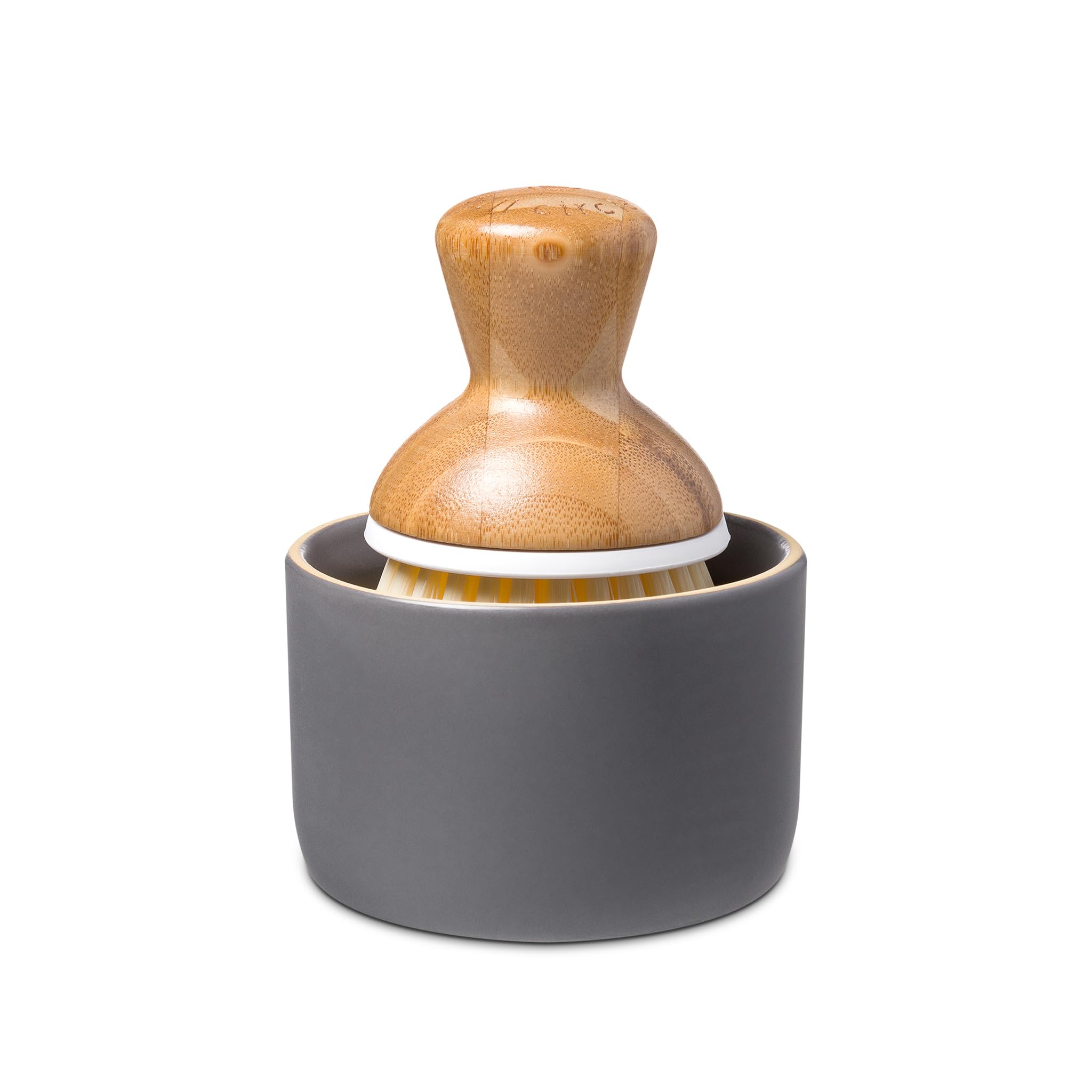 Full Circle Bubble Up Bamboo Dish Brush & Ceramic Soap Dispenser-Family Safe, Formaldehyde-Free-Kitchen Scrub Brush for Dishes, Nonstick & Cast Iron,Gray