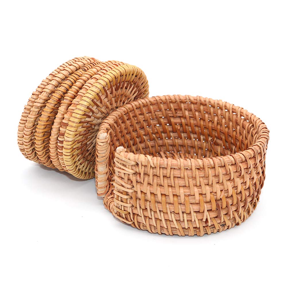 POFET Handwoven Rattan Coasters Teacup Base Plate Dishes Insulated Hot Pads for Dining Room Accessories 6PCS/SET with Holder (Rattan, 8cm Round)