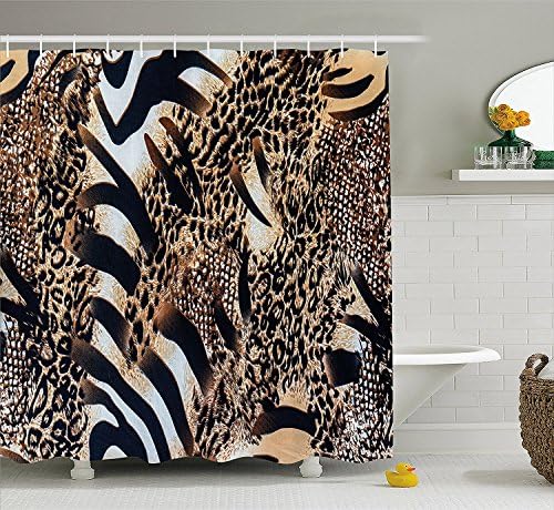 Mirryderr Zambia Shower Curtain, Safari Wild Striped Zebra and Leopard Pattern Camouflage Tropical Graphic, Fabric Bathroom Decor Set with Hooks, Black Sand Brown