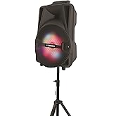 Fisher Portable Bluetooth Wireless Speaker System: 8" Subwoofer 20W Peak Power w Loud HD Bass Sound & LED Lights, Rechargeable, Karaoke, TWS Pairing, USB Port, FM Radio, Speaker Stand