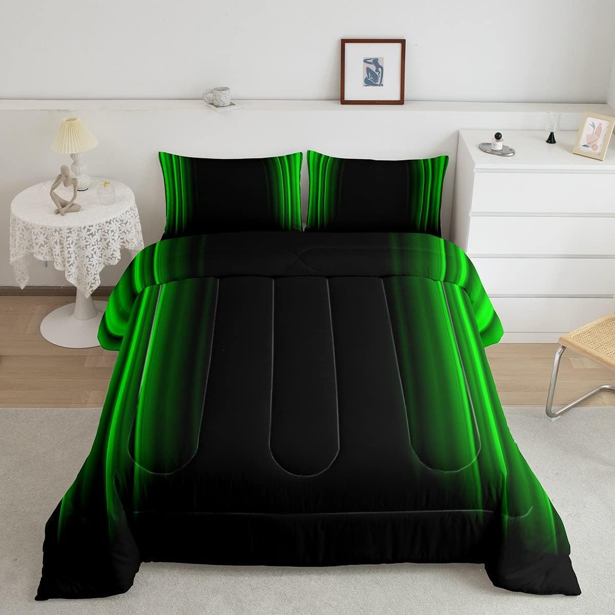 Loussiesd Geometric Abstract Ombre Bedding Bed Set Men Adults Teens Green and Black Striped Down Duvet Set Kids Boys Girls Simple Modern Duvet Insert Bedroom Collection Double Size