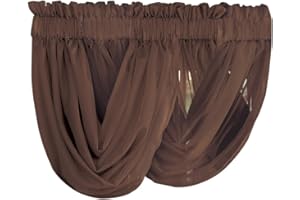 Collections Etc Scoop Two-Piece Rod Pocket Solid-Colored Sheer Valances for Windows, Decorative Accent and Added Privacy for Any Room in Home, Chocolate