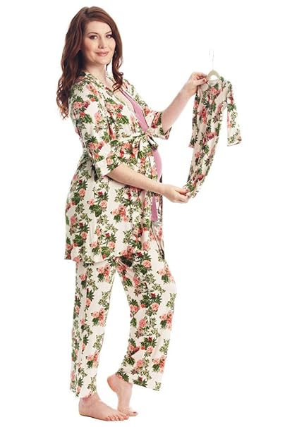 5 Piece Maternity And Nursing Pj Pant Set For Mom And Baby - 