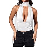 SOLY HUX Sexy Tops for Women Going Out Halter Scarf Crop Top Deep V Sleeveless Backless Vest Party Clubwear