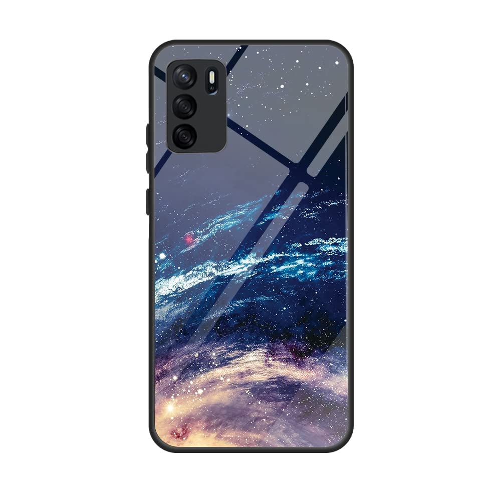 DEDUX Case for Oppo A16 / A54s / A16S, Moon Starry Sky Tempered Glass Back Case + Shockproof Silicone Tpu Frame Protective Phone Case Cover. Cosmic Stars