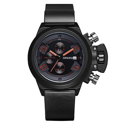 SONGDU D-9212M Chronograph Big Dial Analogue Round Case Black Dial - Orange Hand Wristwatch | Black Silicone Strap - Date Display