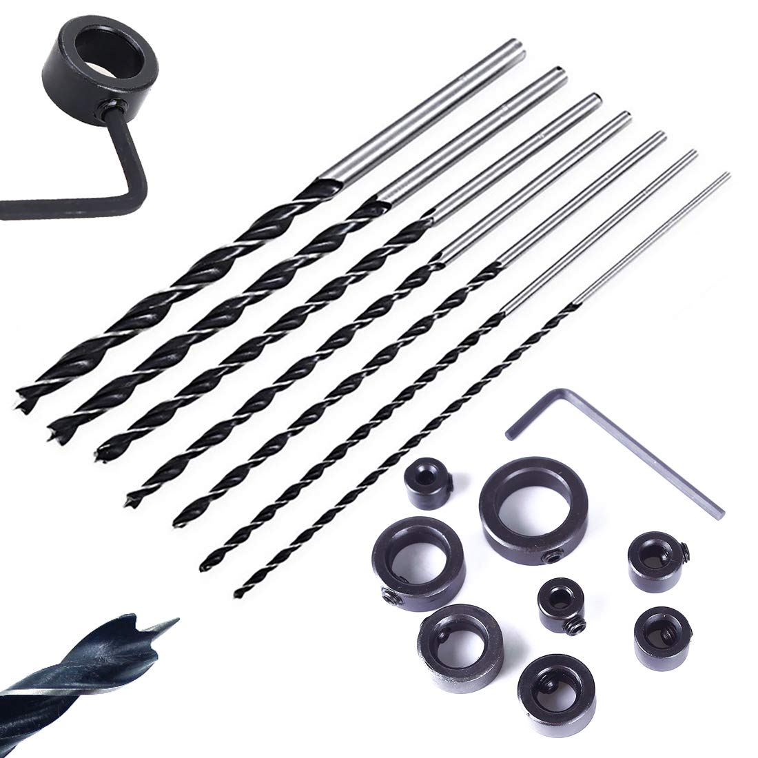 QISF 7Pcs 300mm Extra Long Twist Drill Bits Set ( 4-12mm）+ 9Pcs Woodworking Drill Bit Depth Stop Collars Ring Locator (3-16mm)，for Wood Hole Cutter Drilling DIY Plastic
