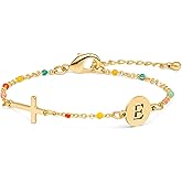 Raicegs Cross Bracelet with Initial 18K Gold Initial Bracelets for Women Teen Colorful Dainty Link Chain Bracelets Christian Gifts for Women Faith Jewelry