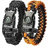 A2S Paracord Bracelet K2-Peak Series  Survival Gear Kit with Embedded Compass, Fire Starter, Emergency Knife & Whistle  Pack of 2 - Slim Buckle Design (Black / Orange 7.5" for Kids)
