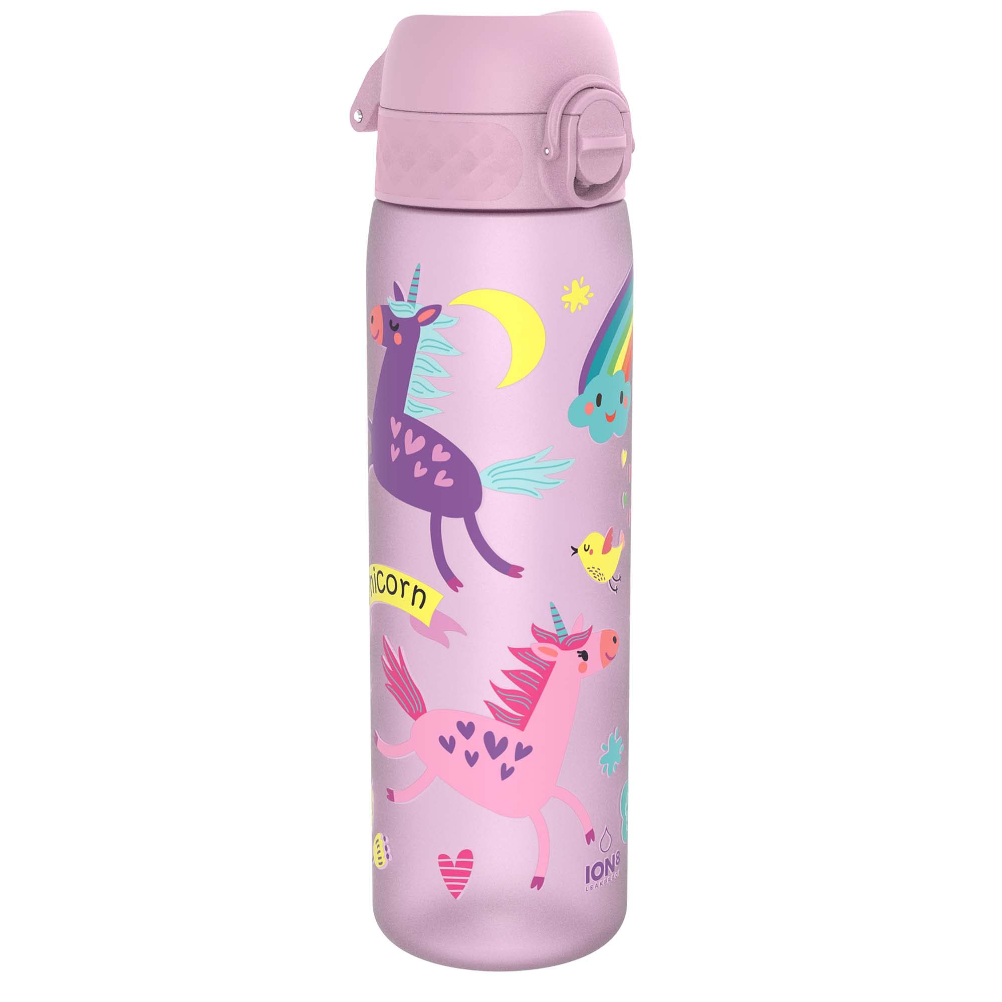 Ion8 Water Bottle, 500ml/18oz, Slim Leak Proof & BPA-Free Drinking Bottle, Secure Lock Prevents Spills, Dishwasher Safe, Carry Handle, Ideal for Adults & Kids - Travel, Gym & School, Lilac Unicorns