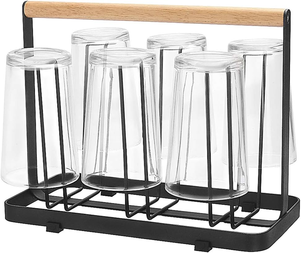 Cup Drying Rack Stand, 6 Cup Metal Drainer Holder Rack Non-Slip Mugs Cups Organizer with Wood Handle, Black