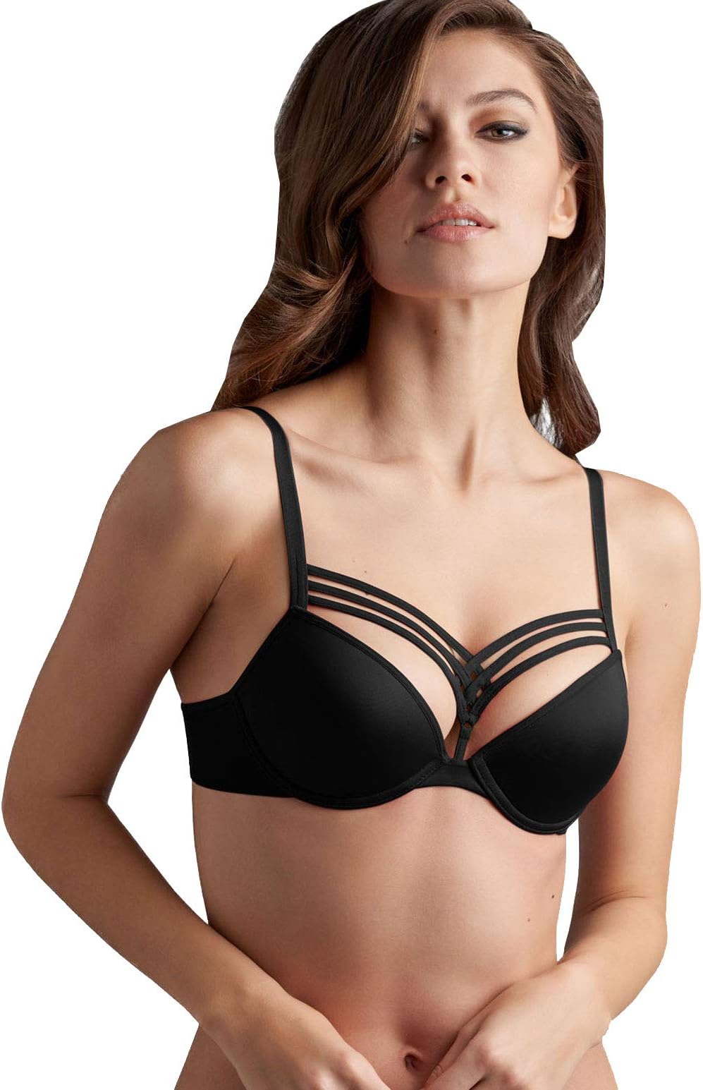 15421 Women's Dame de Paris Black Solid Colour Padded Underwired Longline Push Up Bra