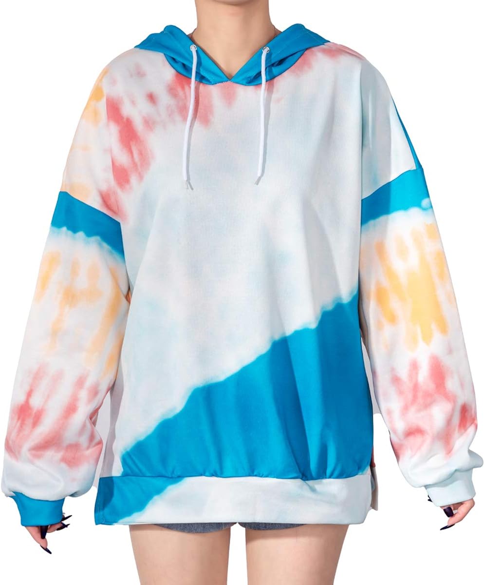 Segorts Women Hoodies Tops Tie Dye Printed Long Sleeve Drawstring Pullover Sweatshirts with 