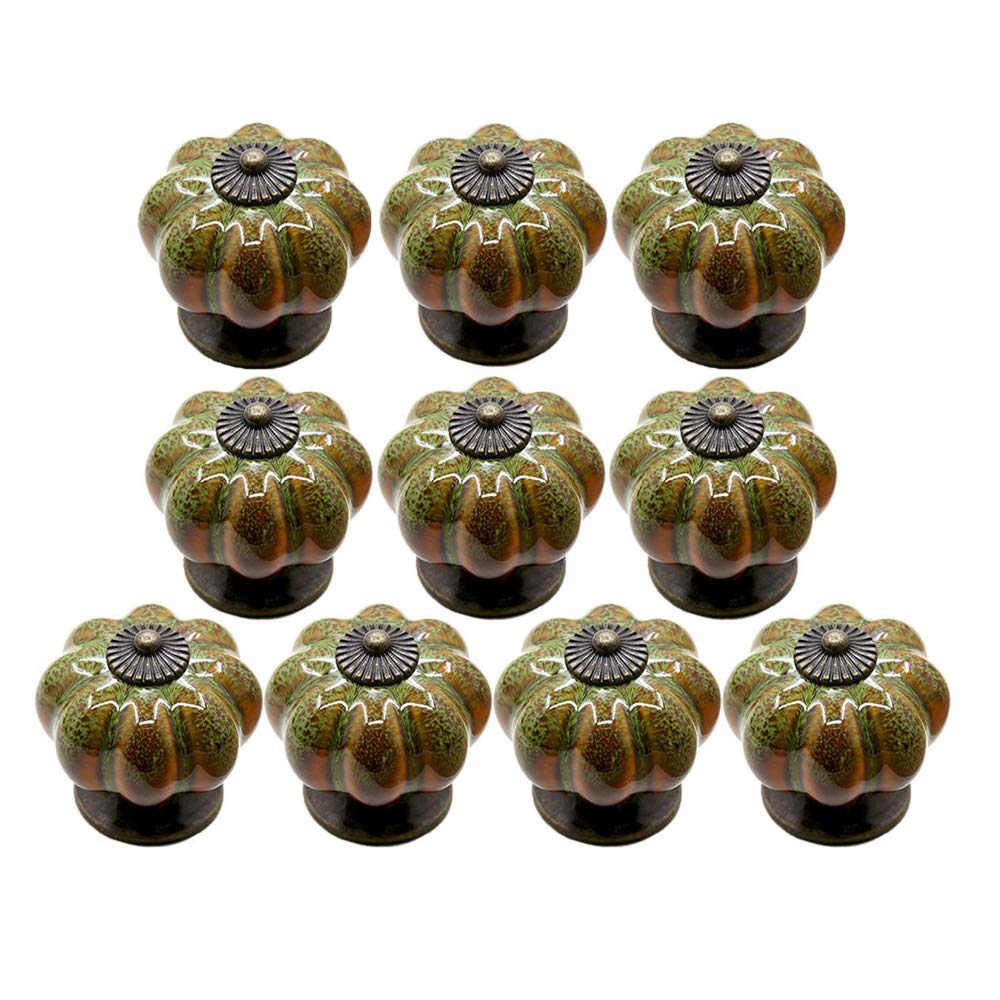 AUGUT 10 Pack Ceramic Cabinet Knobs 40mm Pumpkin Kitchen Cabinet Drawer Furniture Door Handle Pull (Green)