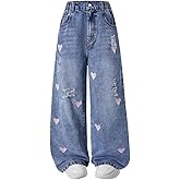 Nivne Tco Tween Girls' Jeans Heart Embroidered Casual Zipper Fly Wide Leg Distressed Ripped Washed Denim Pants