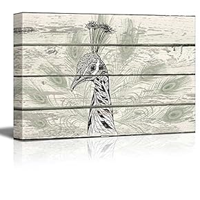 Zentangle Peacock with Feathers Artwork - Rustic Canvas Wall Art Home Art - 12x18 inches