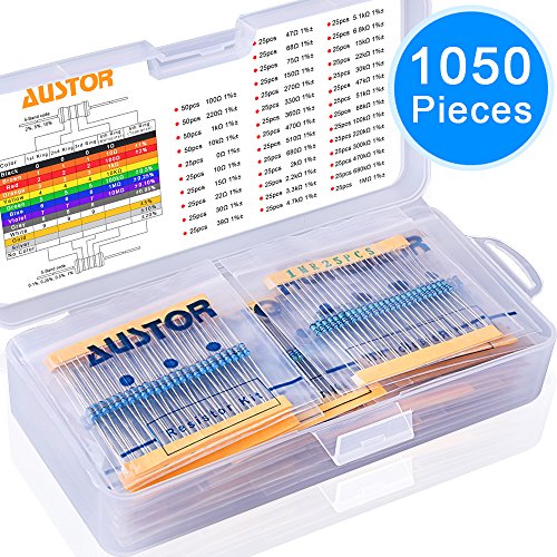 AUSTOR 1050 Pieces Resistor Kit 38 Values 1% Resistors 0 Ohm-1M Ohm 1/4W Metal Film Resistors Assortment for DIY Projects and Experiments