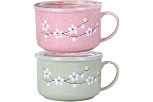 2Pcs Soup Bowls with Handles 800ml/28oz Sealing Heat-Resistant Microwave Soup Mug with Lid Floral Wintersweet Ceramic Travel 