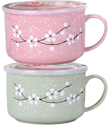 Lot De 2 Bols à Soupe Avec Poignées Et Couvercle - 800ml Céramique Micro-ondes, Motif Floral Pour Ramen Et Nouilles