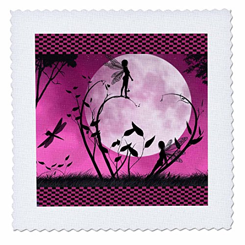 3dRose qs_35669_1 Fairies and Dragonflies with an Pink Moon-Quilt Square, 10 by 10-Inch
