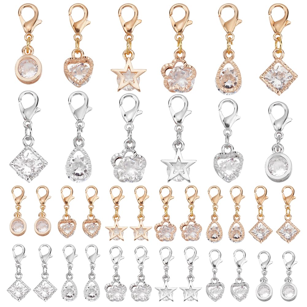 PH PandaHall 6 Designs Cubic Zirconia Pendant with Lobster Clasp, 48pcs Alloy Rhinestone Charm Star Heart for Key Chain Necklace Earring Jewellery, Gold/Platinum, Metal Cubic Zirconia