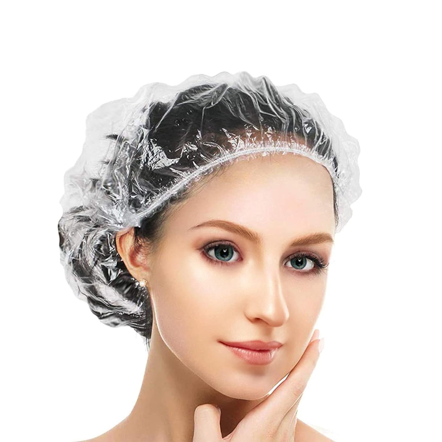 100 Pcs Disposable Shower Caps Plastic caps for hair Multi-Purpose Thickening Elastic Bath Cap Plastic Waterproof Clear Women Spa Men Hair Caps Home Use Hotel and Salon