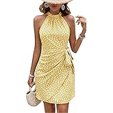 LIGHT DOT Women's Summer Dress Dot Print Halter Neck Tie Waist Casual Zipper Back Sundress Vacation Beach