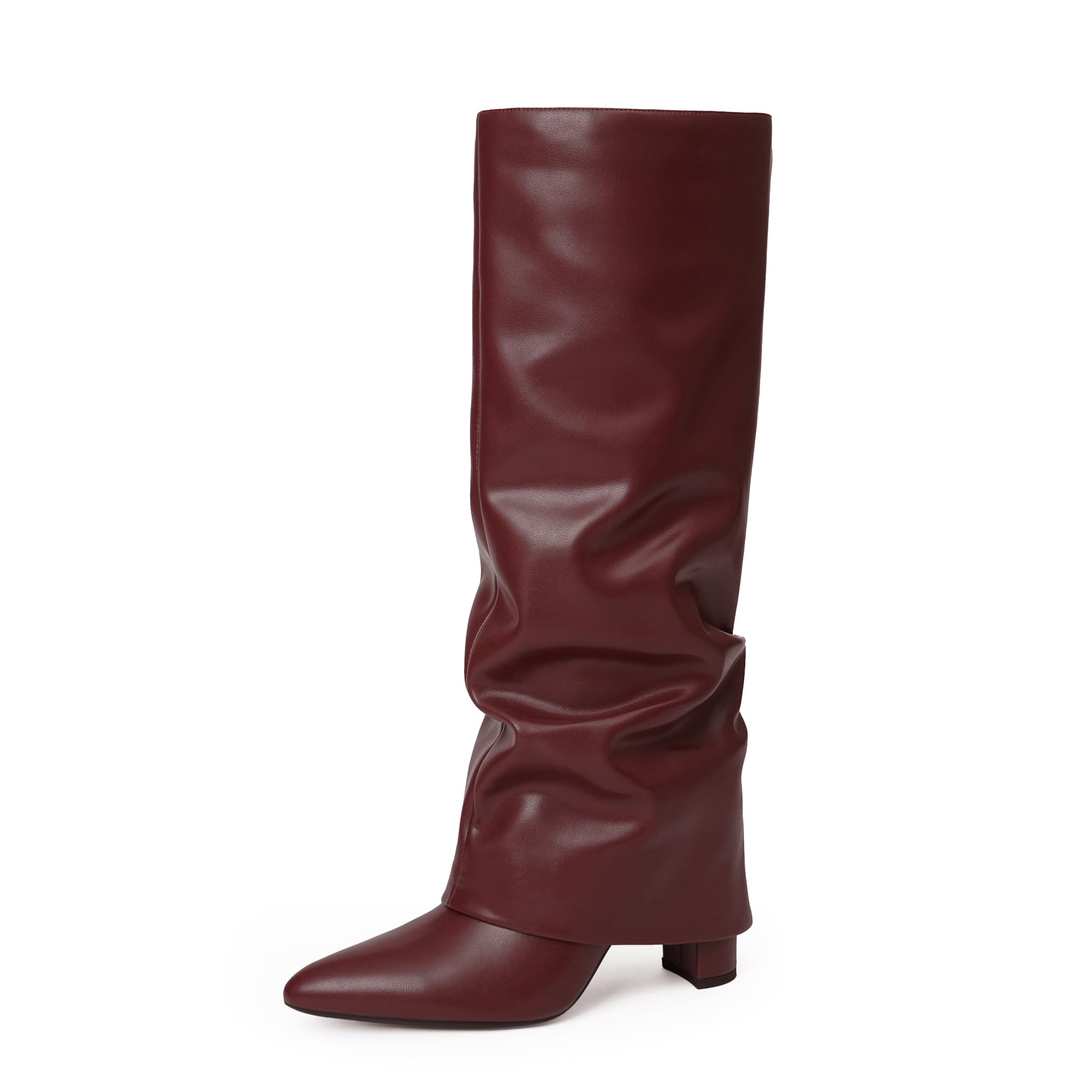 Modatope Womens Boots Burgundy Slouchy Fold Over Knee High Boots Chunky Heel Boots for Women Pointed Toe Tall Boots Dress Long Shark Boot Size 9.5 Image