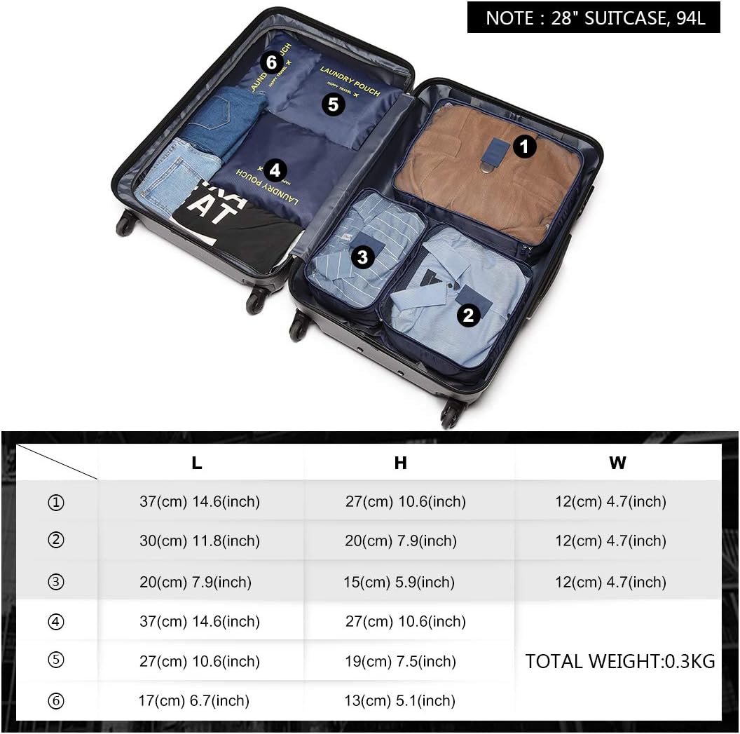 Kono 6PCS Travel Essential Bags-in-Bag Packing Cubes Durable Travel Luggage Organisers Suitcase Storage Bags Compression Pouches (Navy) - Image 4