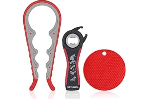 MEYUEWAL Jar Opener- Pad Rubber Jar Can Lid Opener, 5 in 1 Multi Function Can Opener Bottle Opener Kit with Silicone Handle Easy to Use for Children, Elderly and Arthritis Sufferers (JAR+D RED)