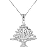 Middle Eastern Jewelry Fine Sterling Silver Lebanese Cedar Tree with Allah Symbol Pendant Necklace