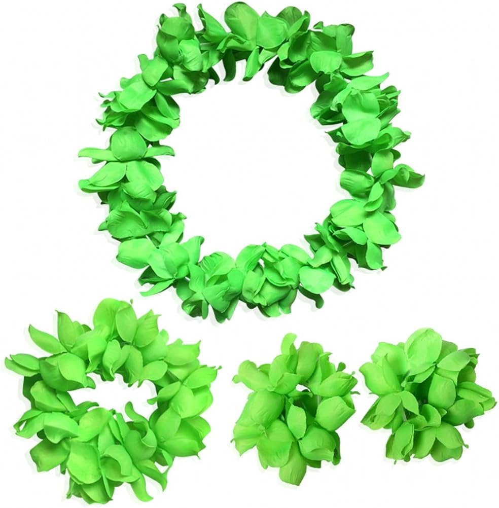 CISMARK Hawaiian Luau Flower Leis Jumbo Necklace Bracelets Headband Set Green: Clothing