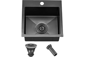 Comllen 15”x15” Black Drop In Bar Sink, Stainless Steel Small Kitchen Sink Single Bowl, Gunmetal Black Sinks for Outdoor Wet Bar Prep RV Yard Office Laundry Utility with Strainer Drain